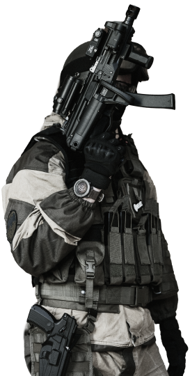 Airsoft player raising airsoft gun